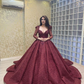 Luxurious Long Sleeves Burgundy Ball Gown,Sweet 16 Dress Y6097