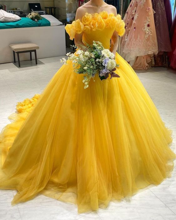 Buy Zesty Yellow Ruffled Ballgown Wedding/prom Dress With Tiered Skirt or  Feathers Various Styles Online in India - Etsy