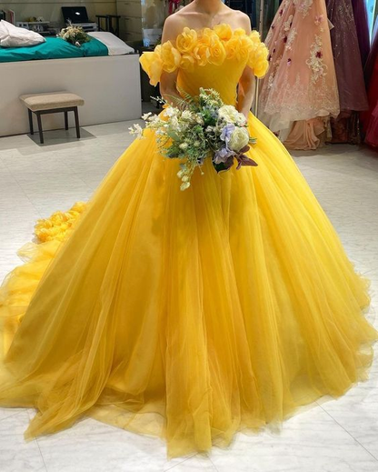 Off The Shoulder Yellow Tulle Ball Gown,Yellow Princess Dress Y4627 – Simplepromdress