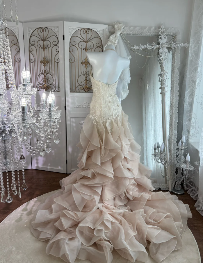 Pretty Strapless Light Pink Apricot Lace Appliques Tulle Ruffles Mermaid Long Party Dress Formal Wedding Guest Dress SP1449