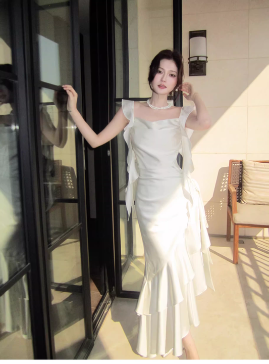 Elegant White Satin Ruffles Layered Mermaid Long Party Dress Prom Gown Formal Wedding Guest Dress SP1499