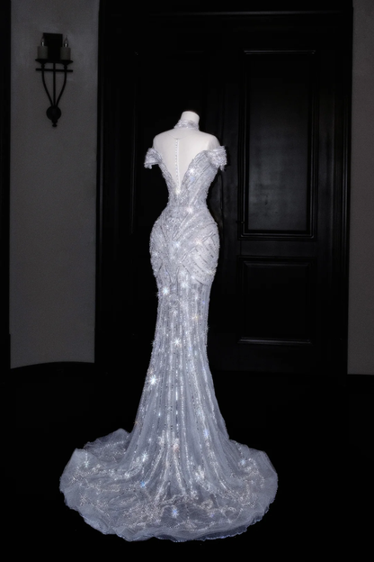 Glitter Off The SHoulder Tulle Sequin Beaded Evening Dress,Mermaid Prom Dress Wedding Dress Y8685