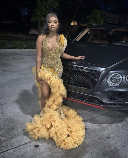 Gold beaded formal dress deals