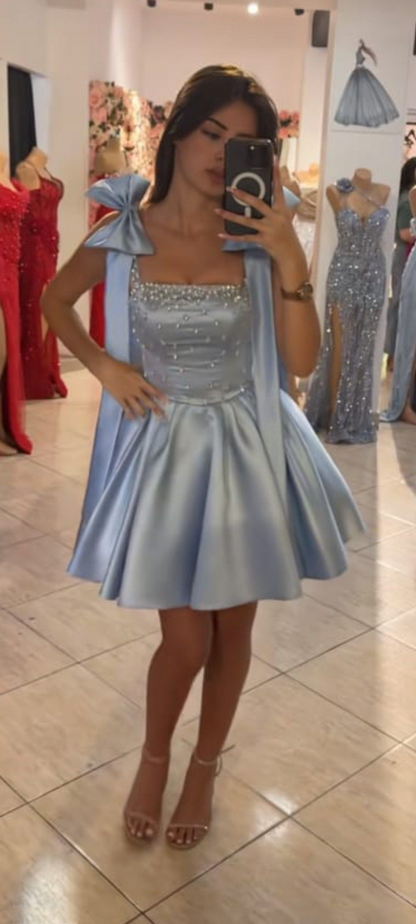 Cute Blue Bow Straps Satin Beaded A Line Short 15th Birthday Outfits Formal Homecoming Dress SP2311