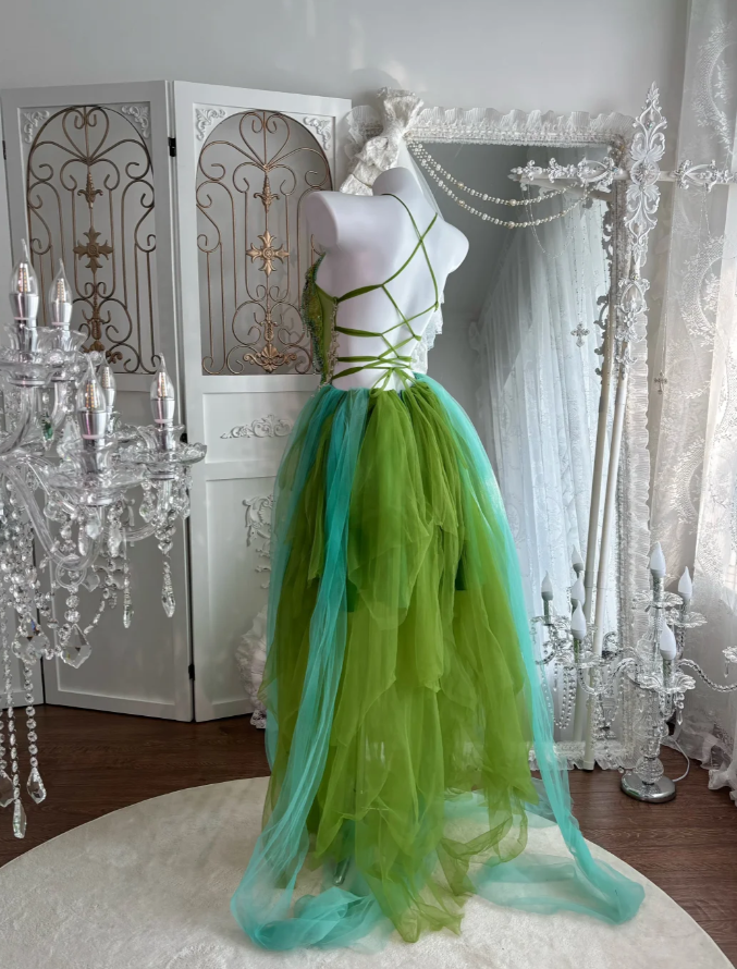 Sexy Halter Butterfly Beaded Tulle Long Party Dress Green Backless Prom Gown SP1467