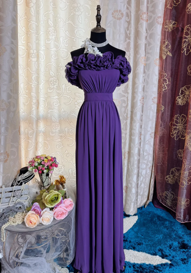Classy Purple Ruffles Strapless Chiffon Long Prom Dress Evening Gown SP1895