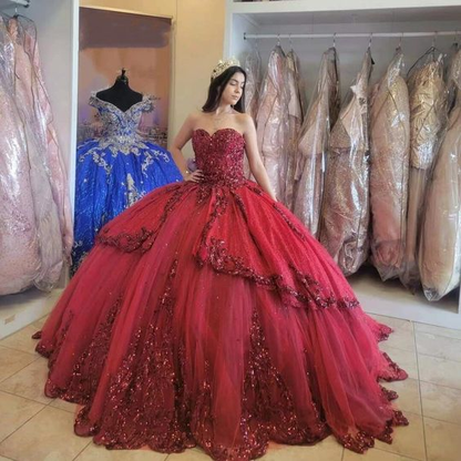 Red New Quinceanera Dresses Sequin Beading Appliques Sweetheart Formal Party Princess Ball Gowns Vestidos Y4257