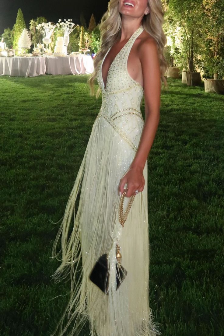 Glamorous Yellow Halter Beaded Tassel Long Birthday Prom Gown Party Dress SP1116