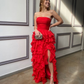 Red Strapless Long Prom Dress with Ruffles,Red Evening Dress  Y2367