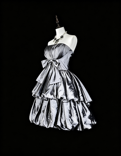 Fashion Silver Satin Pleated A Line Short 6th Grade Homecoming Dress,Strapless Mini Prom Dress SP3397