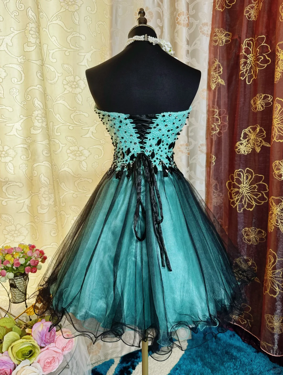 Vintage Viridian Tulle Satin Beaded Mini Cocktail Dress Strapless A Line Short 8th Grade Homecoming Dress SP2383