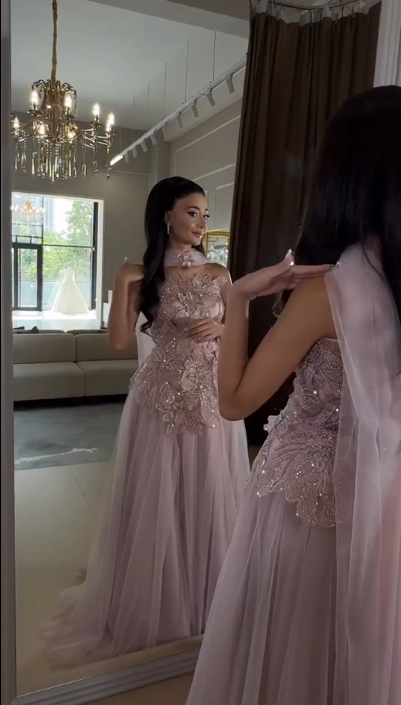 Charming Lilac Tulle Sequin Appliques A Line Long Party Dress Prom Gown SP447