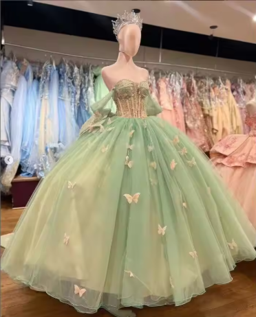 Stunning Green Tulle Princess Dress With Butterflies,Ball Gown,Sweet 15 Dress  Y5462