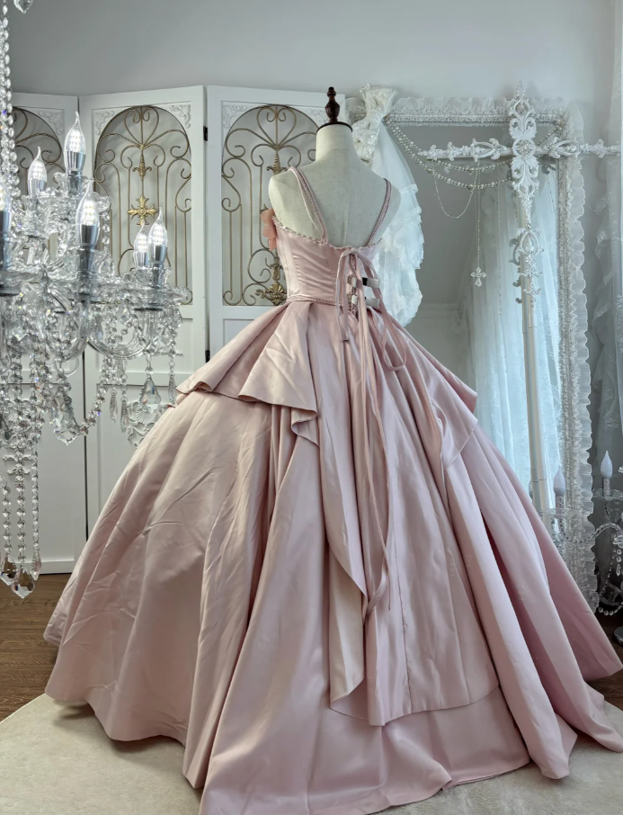 Princess Spaghetti Straps Satin Beaded Ball Gown Pink Sweet 16 Quinceanera Dress With 3D Flowers SP1777