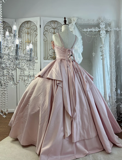 Princess Spaghetti Straps Satin Beaded Ball Gown Pink Sweet 16 Quinceanera Dress With 3D Flowers SP1777