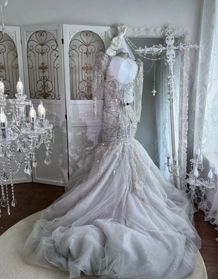 Gorgeous Silver Tulle Beaded Mermaid Long Wedding Dress Formal Bridal Dress SP1450