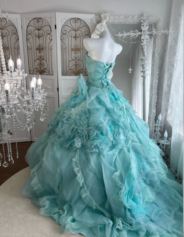 Unique Blue 3D Flowers Birthday Ball Gown,Pretty Tulle Pleated Beaded Formal Quinceanera Dress SP1448