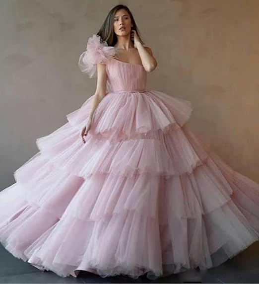 Pink A-line Tiered Tulle Ball Gown,Pink Sweet 16 Dress Y6957