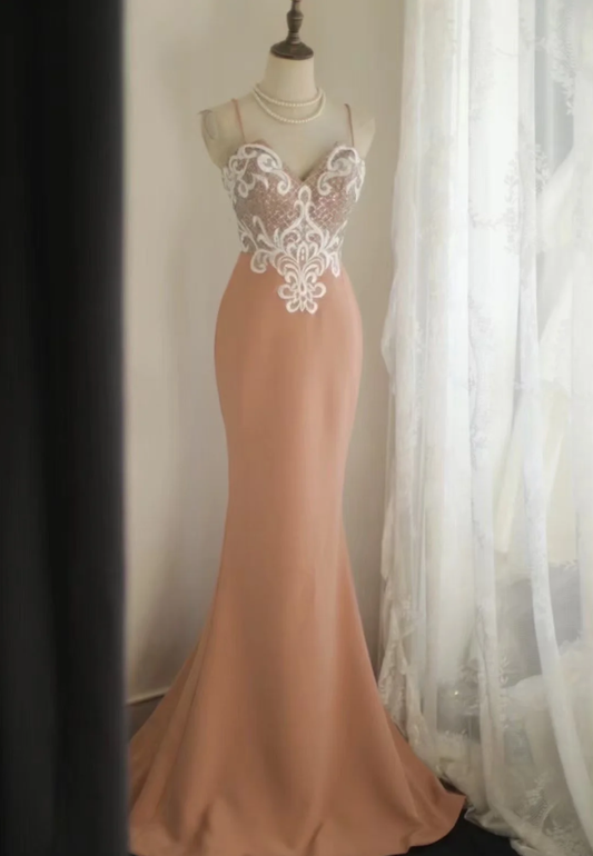 Elegant Spaghetti Straps Satin Lace Appliques Mermaid Wedding Guest Dress Long Evening Dress SP849
