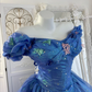 Cute V Neck Blue Tulle Beaded Ball Gown Off The Shoulder Princess Quinceanera Dress SP1445