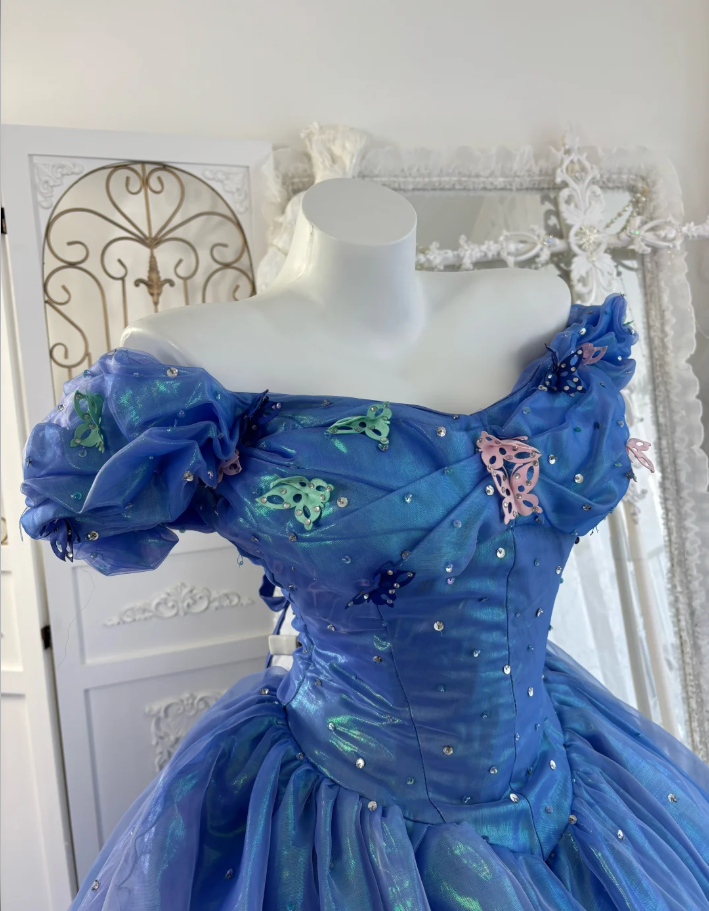 Cute V Neck Blue Tulle Beaded Ball Gown Off The Shoulder Princess Quinceanera Dress SP1445
