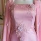Luxury Pink Satin Long A Line Evening Dress Pretty Appliques Prom Dress  Y7591