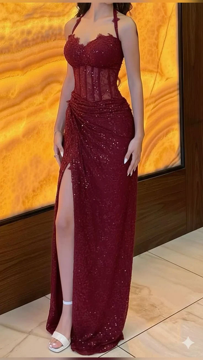 Pretty Burgundy Lace Split Sheath Long Party Dress Halter Long Wedding Guest Dress SP4124