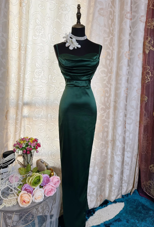 Sexy Spaghetti Straps Emerald Green Satin Sheath Long Evening Dress Formal Wedding Guest Dress SP1894