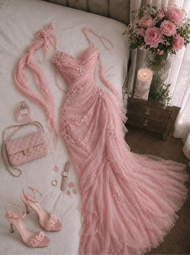 Pretty Pink Spaghetti Straps Tulle Pleated Appliques Mermaid Long Party Dress Prom Gown SP2686