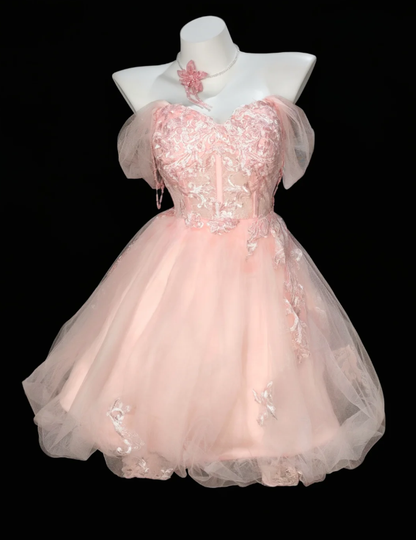 Sweet Pink Off The Shoulder Tulle Appliques A Line Short 6th Grade Homecoming Dress Birthday Outfits SP1923