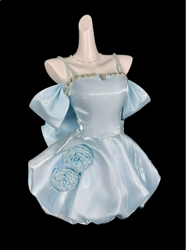 Gorgeous Spaghetti Straps Satin Beaded 3D Floral Short 15th Birthday Outfits,Blue Short Homecoming Dress With Bow SP3505
