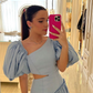 Blue Irregular Neckline Homecoming Dress with Puff Sleeves,Y2532