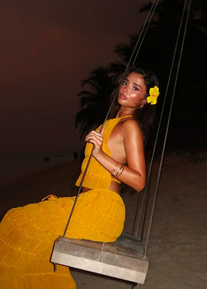 Sexy Halter Chiffon Backless Party Dress,Orange Long Vacation Dresses Two Piece  Y8751