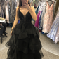 Gorgeous V-Neck Black Beaded Long Prom Dress with Layered Ruffles  Y5770