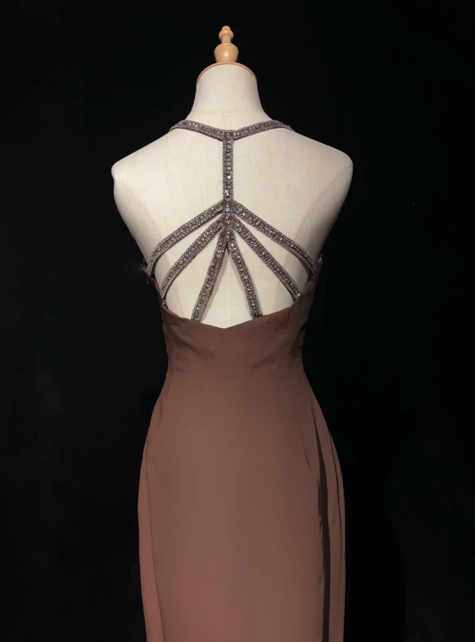 Stylish Spaghetti Straps Brown Satin Beaded Slit Long wedding Guest Dress Formal Evening Dress SP1970