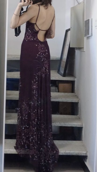 Gorgeous Spaghetti Straps Chiffon Beaded Mermaid Evening Dress Purple Long Birthday Dress SP2109