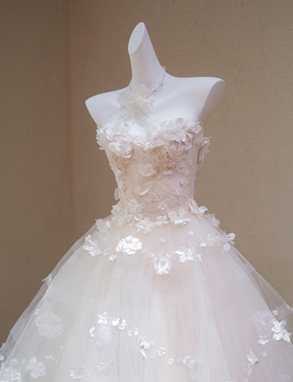 Sweet Strapless Tulle Appliques White Long Wedding Dress Bridal Dress Y9109