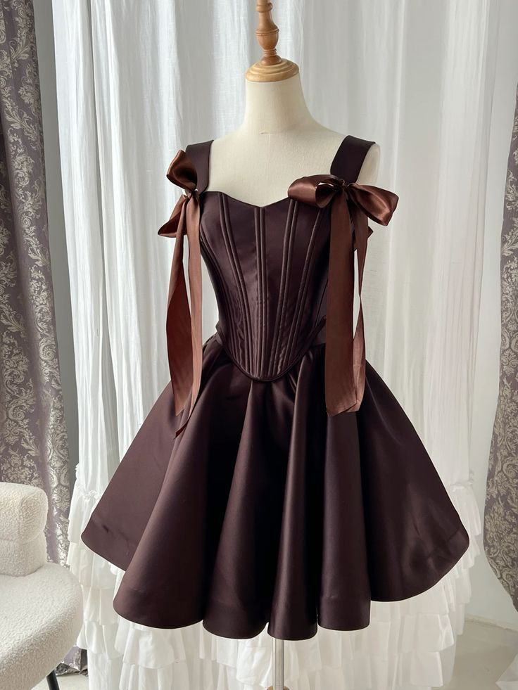Vintage Brown Satin A Line Formal Graduation Homecoming Dress Short Birthday Outfits Cocktail Dress Y9665
