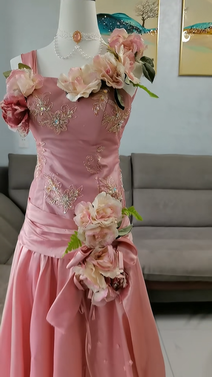 Beautiful Peach Pink Embroidered Floral Satin A Line Long Party Dress Birthday Dress With 3D Flowers SP2329