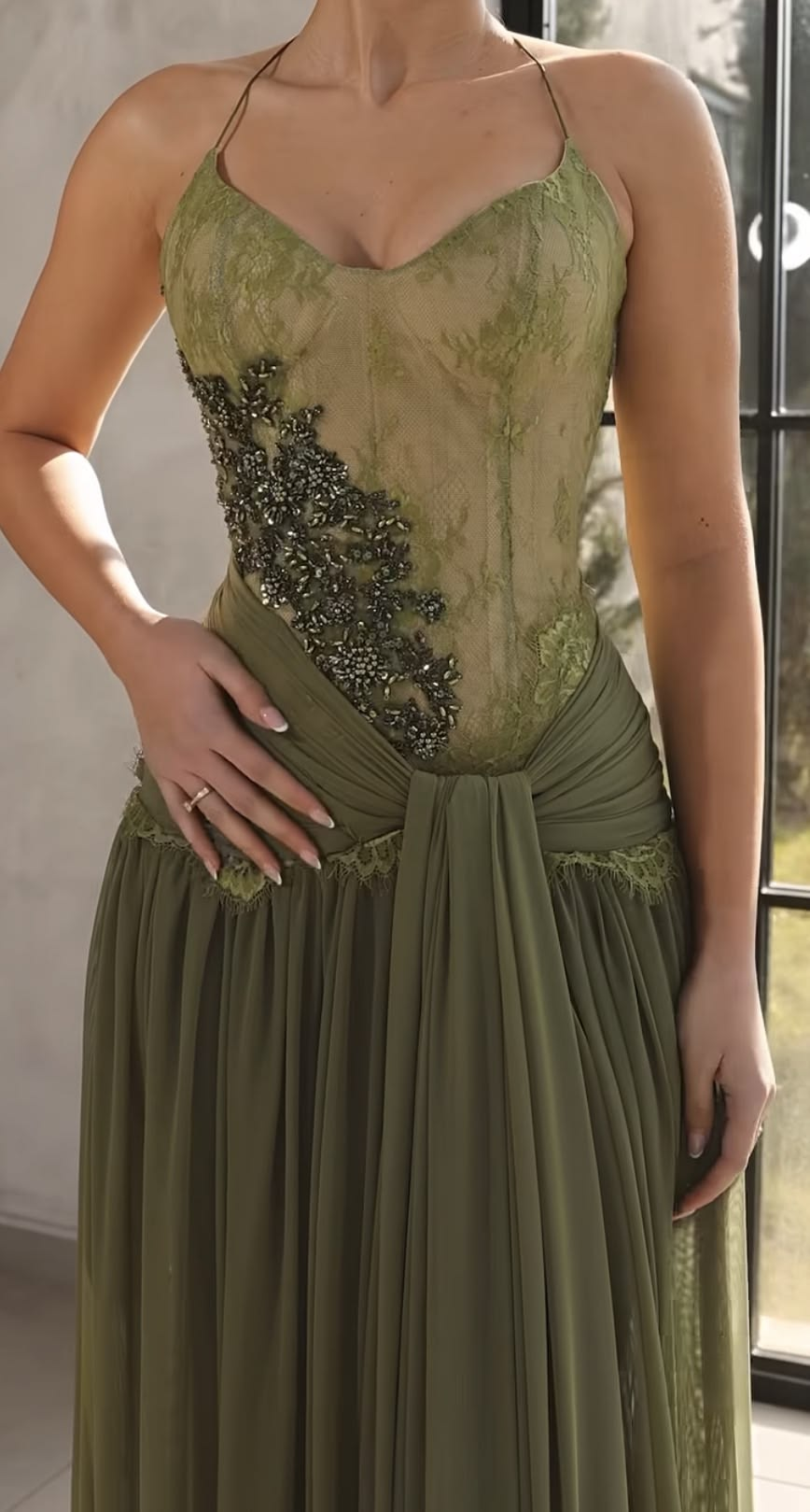 Vintage Halter Olive Green Lace Chiffon Beaded A Line Long Party Dress Formal Wedding Guest Dress SP2445