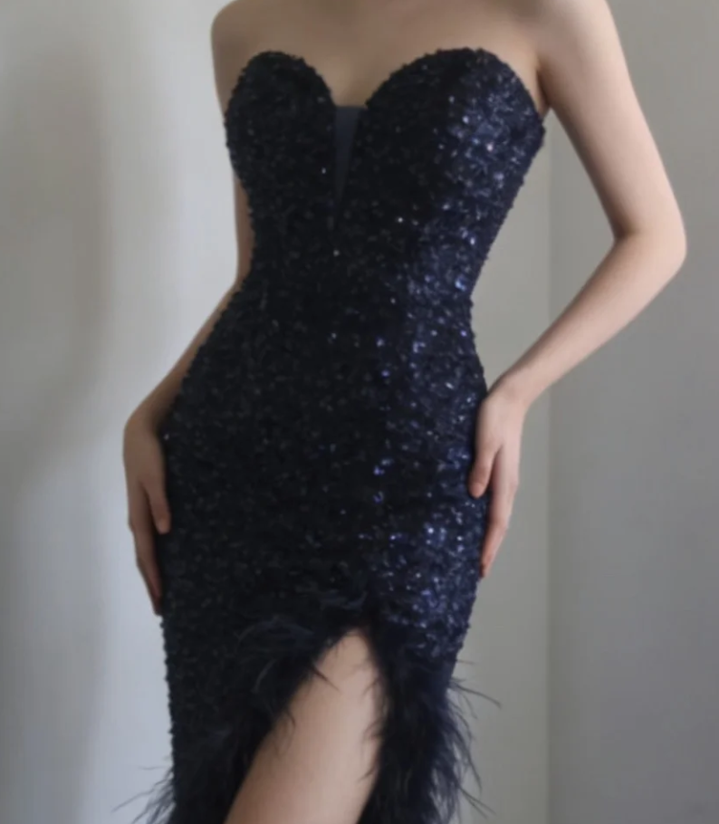 Elegant Strapless Navy Blue Sequin Feathers Slit Mermaid Evening Dress Long Birthday Prom Gown SP1172