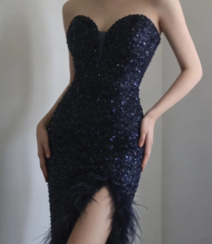 Elegant Strapless Navy Blue Sequin Feathers Slit Mermaid Evening Dress Long Birthday Prom Gown SP1172
