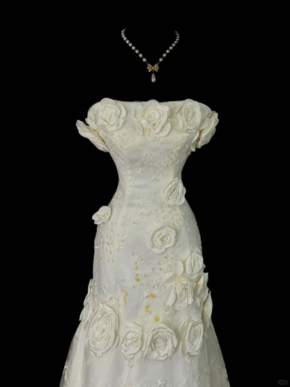 Pretty Strapless Off White Satin Lace 3D Floral Mermaid Long Wedding Dress SP4065