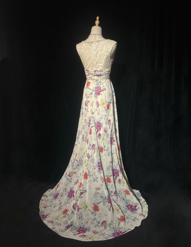 Classy V Neck Sleeveless Lace Chiffon Mermaid Long Evening Dress Prom Dress With Beads SP1782