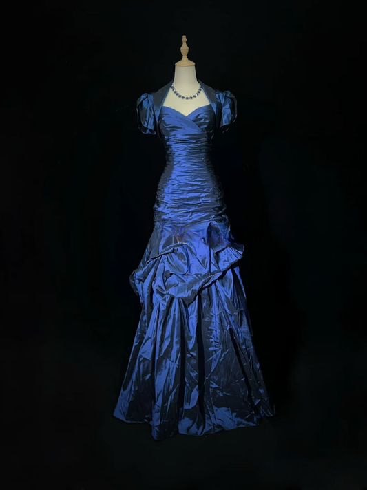Vintage Navy Blue Satin Pleated Mermaid Evening Gown Long Party Dress SP131