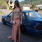 Pretty Rose Pink Beaded Satin Mermaid Slit Long Wedding Guest Dress Birthday Party Dress SP1354