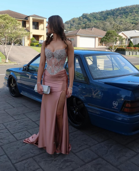 Pretty Rose Pink Beaded Satin Mermaid Slit Long Wedding Guest Dress Birthday Party Dress SP1354