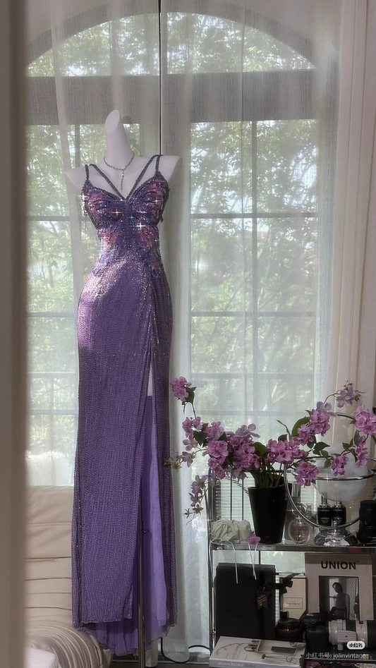 Gorgeous Lavender Chiffon Sequins Evening Dress Spaghetti Strap Slit Prom Dress Y8786
