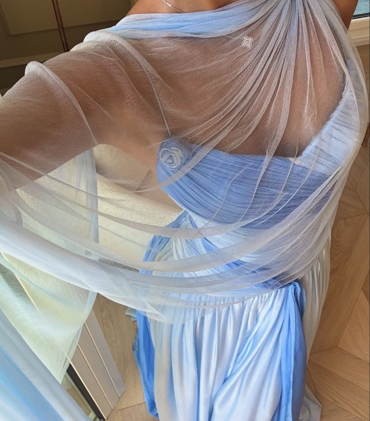 Classy Spaghetti Straps V Neck Blue Chiffon Mermaid Party Dress Long Wedding Guest Dress SP969