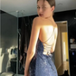 Womens Navy Sequined Slit Spaghetti Strap V Neck Full-Length Prom Dress Y6490